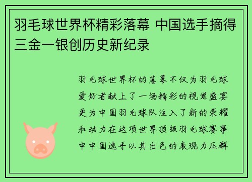 羽毛球世界杯精彩落幕 中国选手摘得三金一银创历史新纪录